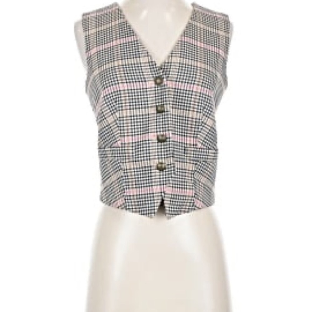 LOFT Black and Pink Plaid Vest